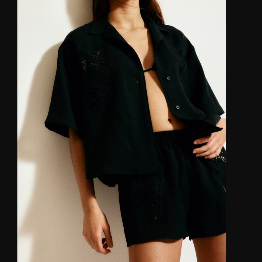 H&M Short-Sleeve Embroidered Linen Set